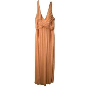 DAVIDS BRIDAL peach Bellini Bridesmaid Maxi Strapless Dress Ruched Top Size 10